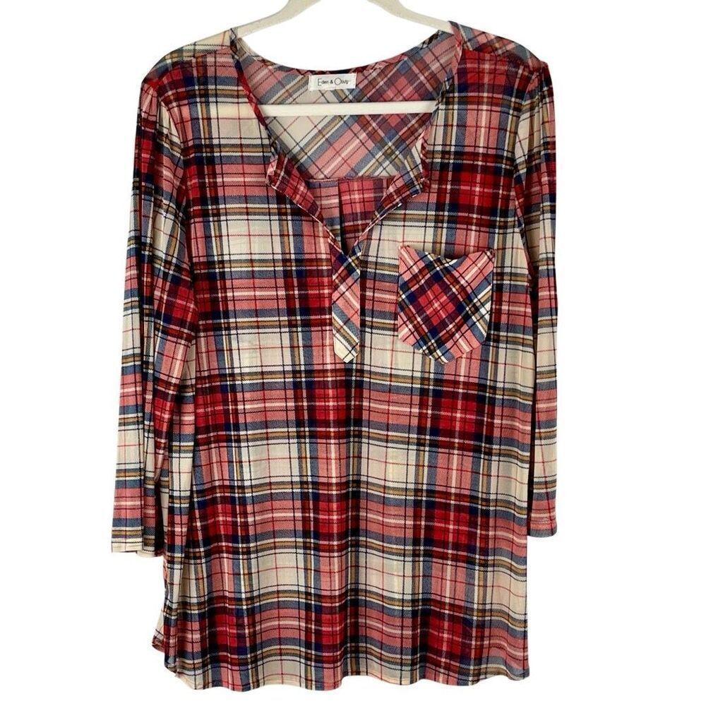 Eden & Olivia Women's Multicolor Plaid Sheer V-neck Tunic Top XL